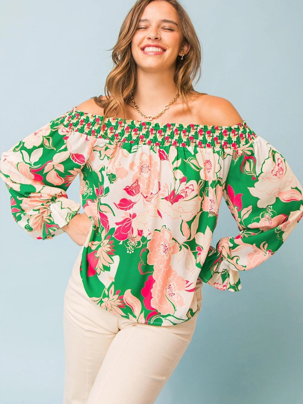Large Flying Tomato floral woven top long sleeves, a smocked neckline resortwear